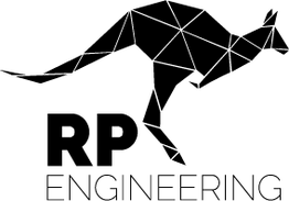 Schwarzes, geometrisches Känguru über den Schriftzug "RP Engineering".