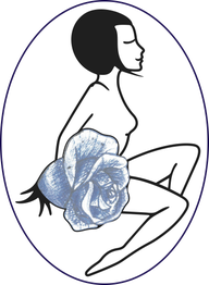 Silhouette di donna seduta con fiore blu stilizzato sul fianco.