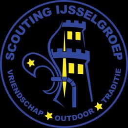 Logo van Scouting IJsselgroep met een toren en fleur-de-lis, tekst over vriendschap en traditie.