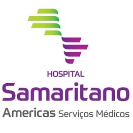 Logotipo do Hospital Samaritano com faixas verdes e roxas e texto "Americas Serviços Médicos".