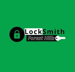"Green background with 'LockSmith Forest Hills' logo, padlock, and key design."
