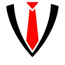 Logotipo com gravata vermelha estilizada e contorno de paletó preto em fundo branco.