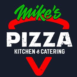 Logo of "Mike's Pizza Kitchen & Catering" with red and green accents.