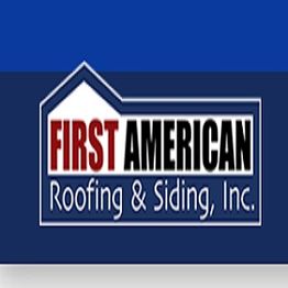 Logo with "First American Roofing & Siding, Inc." in a house shape on blue background.