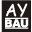 Schwarz-weißes Logo mit den Buchstaben "AY BAU" in einem quadratischen Rahmen.