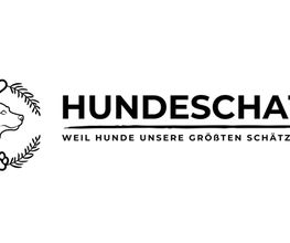 Hundekopf-Logo mit Schriftzug "Hundeschatz" und Slogan "Weil Hunde unsere größten Schätze sind".