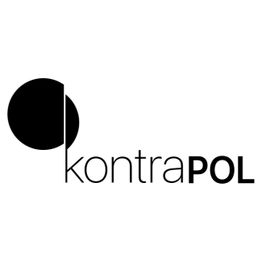 Logo mit schwarzem Kreis und Schriftzug "kontraPOL". Minimalistisches Design auf weißem Hintergrund.