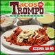 Plato de tacos de trompo con cebolla y salsas. Texto: Tacos de Trompo, número de teléfono.
