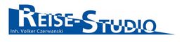 Blaues Reise-Studio-Logo mit weißem Text und dem Namen "Volker Czerwanski" darunter.