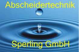 Tropfen fällt ins Wasser, Text: "Abscheidertechnik Sperling GmbH" in Gelb.