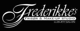 Sort logo med teksten "Frederikke's Frisør & Make-up Studio - Luxury Salon" i hvid skrift.