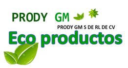 Texto: "Eco productos PRODY GM". Hojas verdes decorativas.
