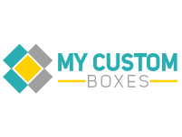 Logo with teal and yellow text: "My Custom Boxes," next to overlapping diamond shapes.
