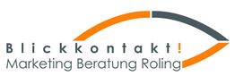 Logo: Text "Blickkontakt! Marketing Beratung Roling" mit stilisiertem Auge in Orange und Grau.
