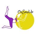 Frau in Yoga-Pose vor gelber Sonne, Text: "OnSand.de".