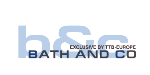 Logo mit Text "BATH AND CO" und "EXCLUSIVE BWT TO EUROPE" in modernen blauen Buchstaben.