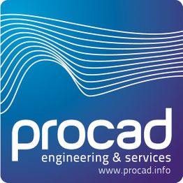 Logo mit Schriftzug "procad engineering & services" vor einem blauen Hintergrund.