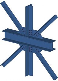Blaues, sternförmiges, strukturelles Stahlträger-Design mit mehreren Winkeln und Verbindungen.