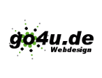 Logo mit schwarzem Text "go4u.de Webdesign" und grünem, gesprenkeltem Hintergrund.