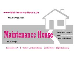 Visitenkarte mit Hauslogo, Webadresse und Kontaktdaten für Maintenance House.
