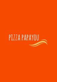 Texte "Pizza Papayou" blanc sur fond orange avec deux courbes jaunes.
