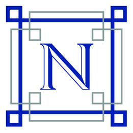 The image shows a decorative letter "N" framed by intersecting blue and gray lines.