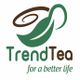 Logo mit grünem Blatt und Spirale, Text "TrendTea for a better life" darunter.