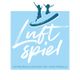 Blaues Logo mit dem Wort "Luftspiel", zwei Silhouetten springen oben. Hüpfburgen, Dekoration, Eventmodule.