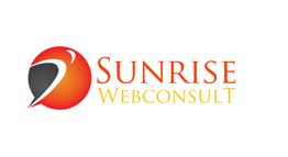 Logo mit rotem Kreis und weißem Symbol links, Text "Sunrise Webconsult" in orange und gelb.