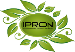 Grünes Logo mit dem Text "IPRON" und Blättern, darunter: "Innovative Produkte zur Nahrungsergänzung".