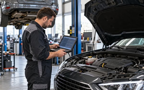 Ein Kfz-Mechatroniker überprüft in einer Autowerkstatt mit einem angeschlossenen Diagnosegerät die Messwerte eines Dieselmotors, um mögliche Probleme mit dem Dieselpartikelfilter (DPF) zu erkennen.
