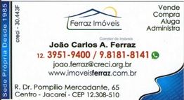 Cartão de visita da Ferraz Imóveis com contatos de João Carlos A. Ferraz, corretor de imóveis.