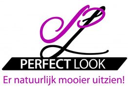 Logo met tekst "Perfect Look" en slogan "Er natuurlijk mooier uitzien!" in zwart en roze letters.