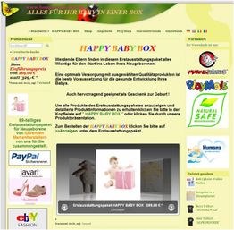 Website zum Verkauf von Baby-Erstausstattungsboxen mit Produktdetails und Bestellmöglichkeiten.
