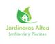 Logotipo verde con una casa y hojas, texto: "Jardineros Altea, Jardinería y Piscinas".