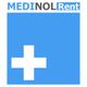 Logo MEDINOL Rent su sfondo blu con croce bianca.