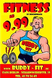 Comic-Figur mit Muskelshirt wirbt für Fitnessstudio ab 9,99€ in Berlin, Buddy-Fit, Scharnweberstr.
