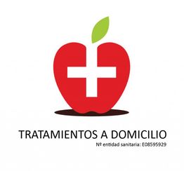 Logo con manzana roja, cruz blanca, texto: "TRATAMIENTOS A DOMICILIO."