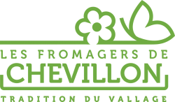 Logo vert de "Les Fromagers de Chevillon" avec fleur et feuille, texte "Tradition du Vallage".