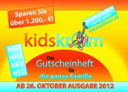 "Werbung für das kidskram Gutscheinheft mit Affe, Sparhinweis und Erscheinungsdatum Oktober 2012."