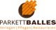 Parkettballes-Logo mit Text: Verlegen, Pflegen, Restaurieren. Holzmuster in Orange.