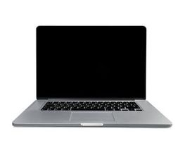 Laptop con pantalla negra y teclado en fondo blanco.