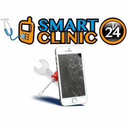 Logo di una clinica con smartphone rotto e strumenti di riparazione. Scritta: "SMART CLINIC 24h".