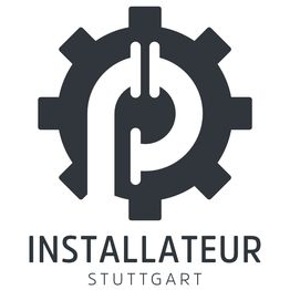 Logo: Zahnrad mit integriertem Rohr und Text "Installateur Stuttgart" darunter.