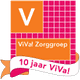 Logo ViVa! Zorggroep met tekst "10 jaar ViVa!" op roze en oranje achtergrond.