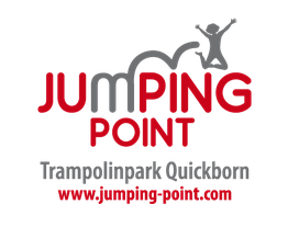 Logo mit der Aufschrift "Jumping Point, Trampolinpark Quickborn", springende Figur, Websiteadresse.