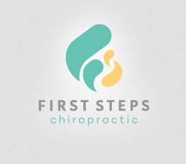 Abstract leaf logo, text: "First Steps Chiropractic" in teal and gray on white background.