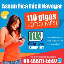 Mulher sorrindo usa celular, oferta de 110 GB mensais, número de contato em destaque.