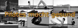 Collage von Pilates-Übungen mit dem Text "Pilates macht gesund" in der Mitte.