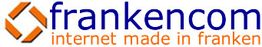 frankencom-Logo mit Slogan „internet made in franken“ daneben, blau-orange Schrift auf weißem Hintergrund.
